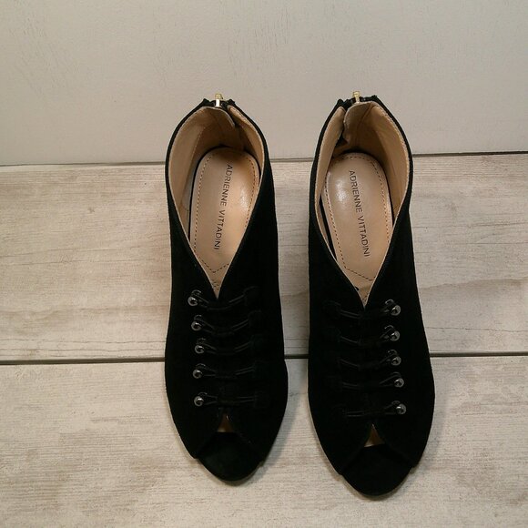 Womans Adrienne Vittadini Pumps Black Leather Suede Peep Toe Bootie Size 7.5M - Picture 4 of 6